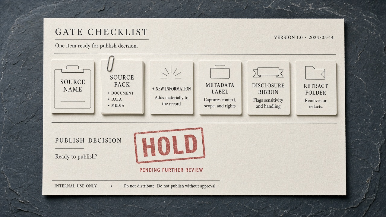 Publishing governance checklist with six gates and a red hold mark instead of a publish button