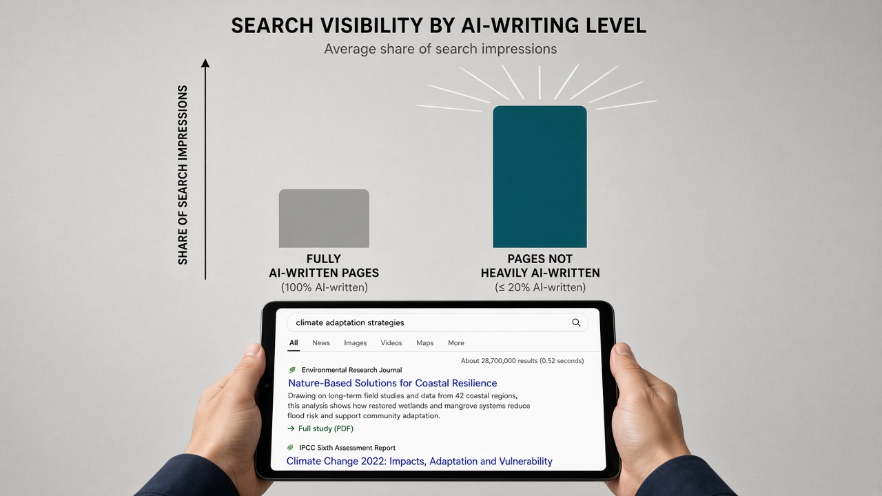 SERP share comparison of fully automated blog posts versus less AI-written pages