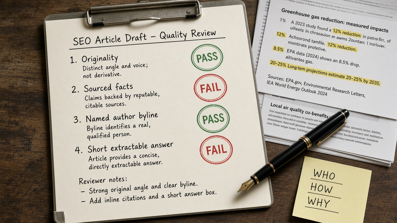 Pass/fail quality checklist for every AI-generated SEO page on a clipboard draft