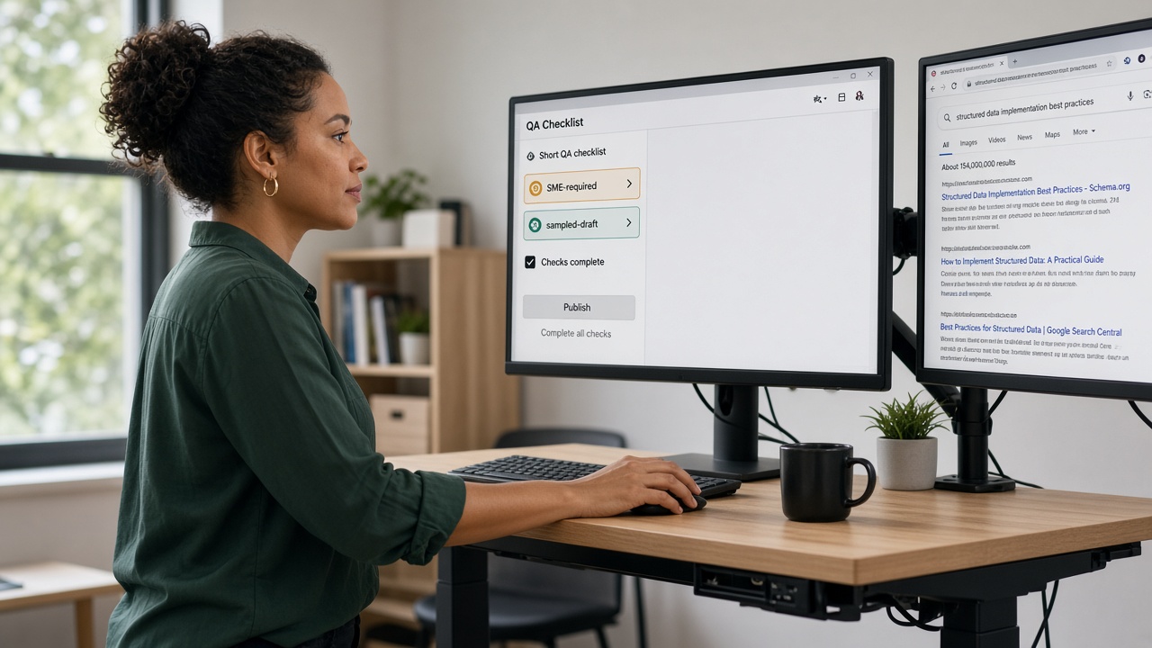 QA of AI-generated SEO pages in a CMS sidebar before hitting publish