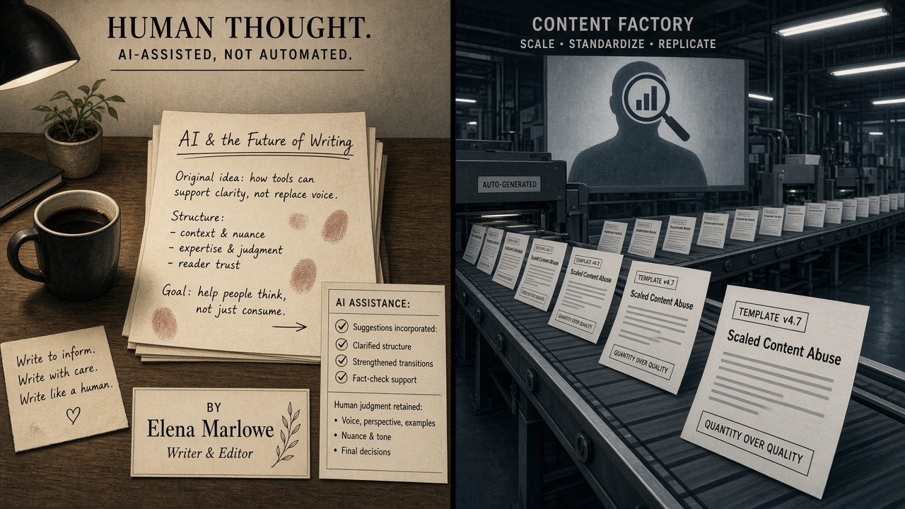 Google flags on AI content generator pages: helpful authored article versus scaled spam factory