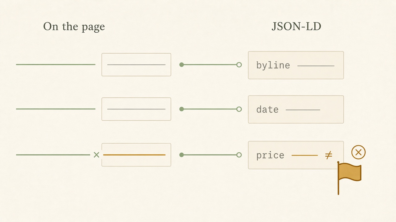 Structured data check matching byline and date to JSON-LD, with one mismatched price field flagged before schema ships