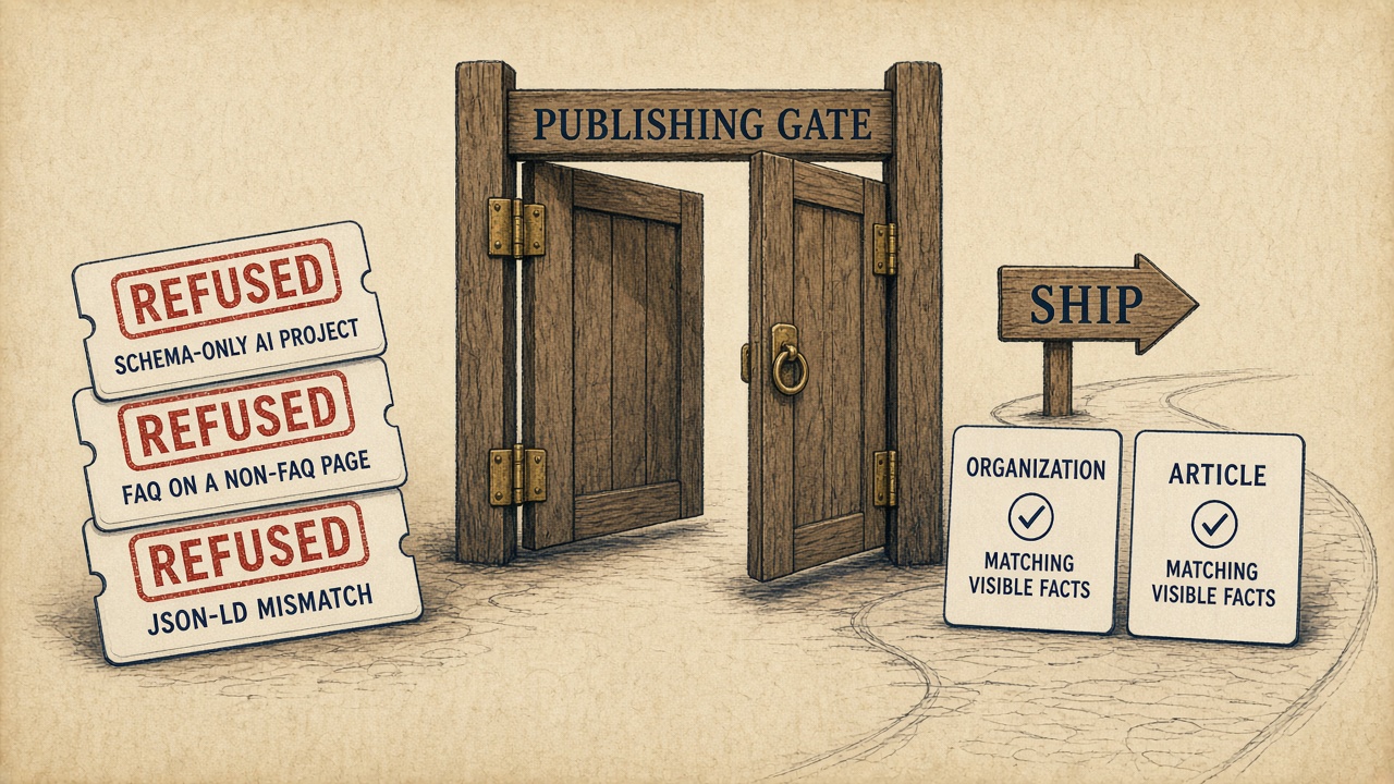 Publishing gate refusing schema-only AI projects, mismatched FAQPage markup, and JSON-LD that does not match the page