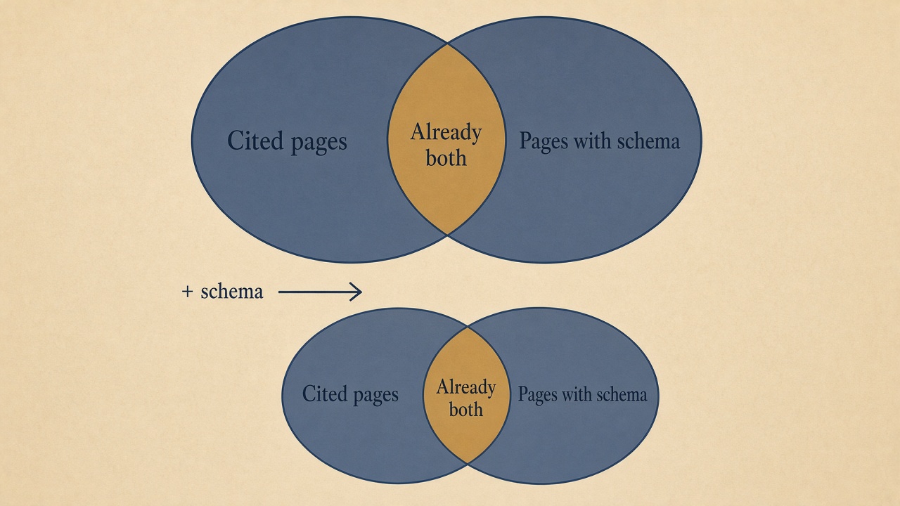 Diagram of schema markup correlation: cited pages already had schema, and adding markup creates no new citations