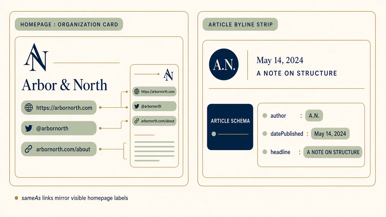 Schema markup worth keeping: Organization sameAs links and an Article byline that match visible page text