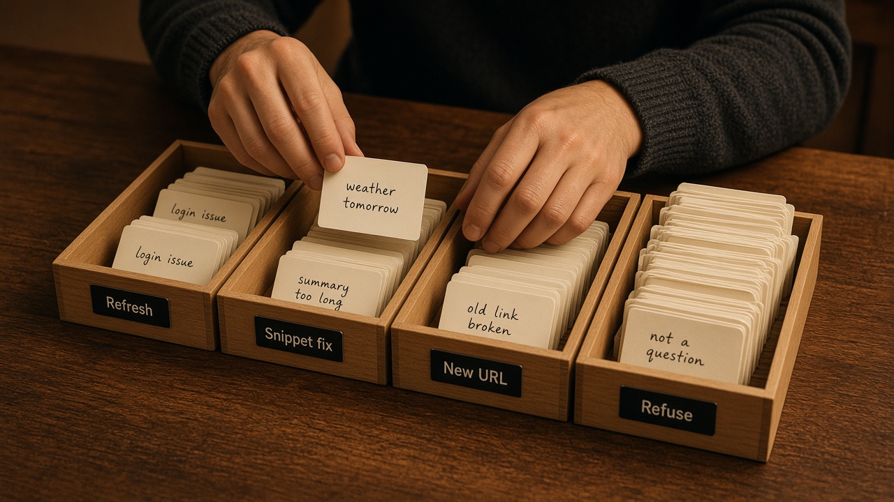 Content operator sorting Search Console queries into brief or refuse trays