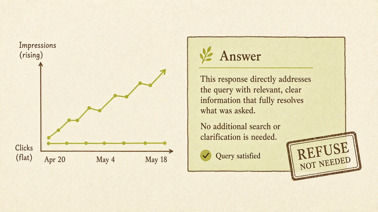 Zero-click Search Console query with flat clicks and an AI answer panel