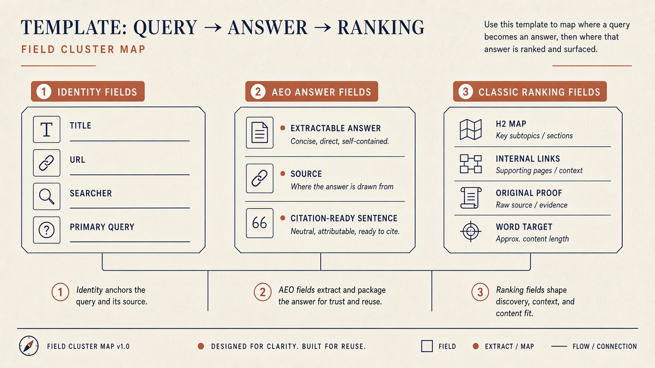 Dual-win SEO article outline template fields grouped into identity, AEO answers, and ranking structure