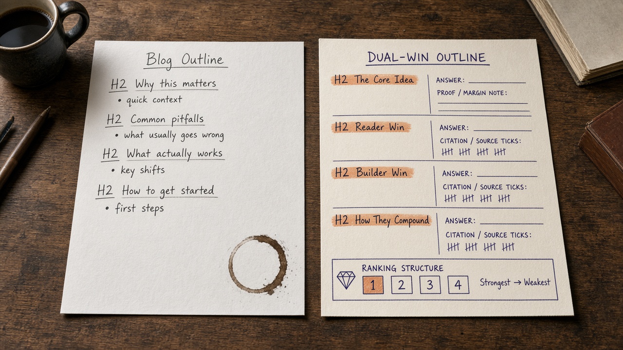 Side-by-side SEO outline template comparing a vague blog skeleton to a dual-win AEO ranking outline