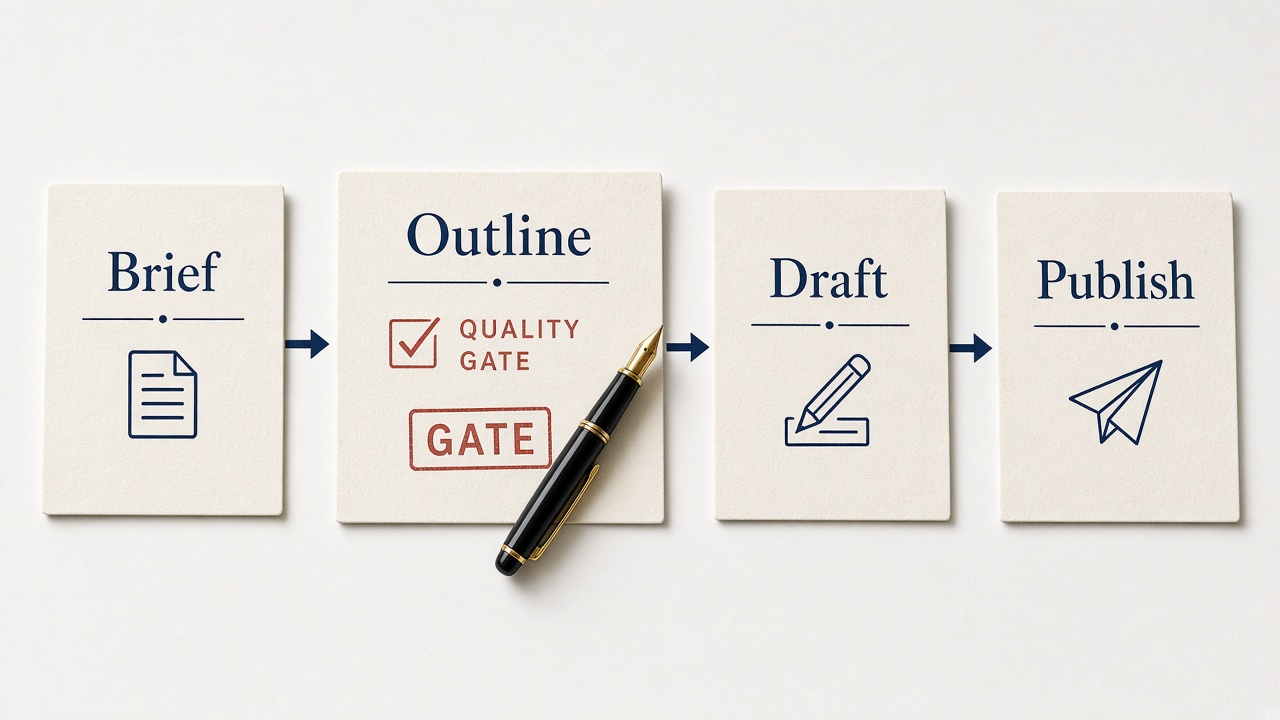 Content workflow from brief to outline to draft to publish with a quality gate on the SEO outline stage