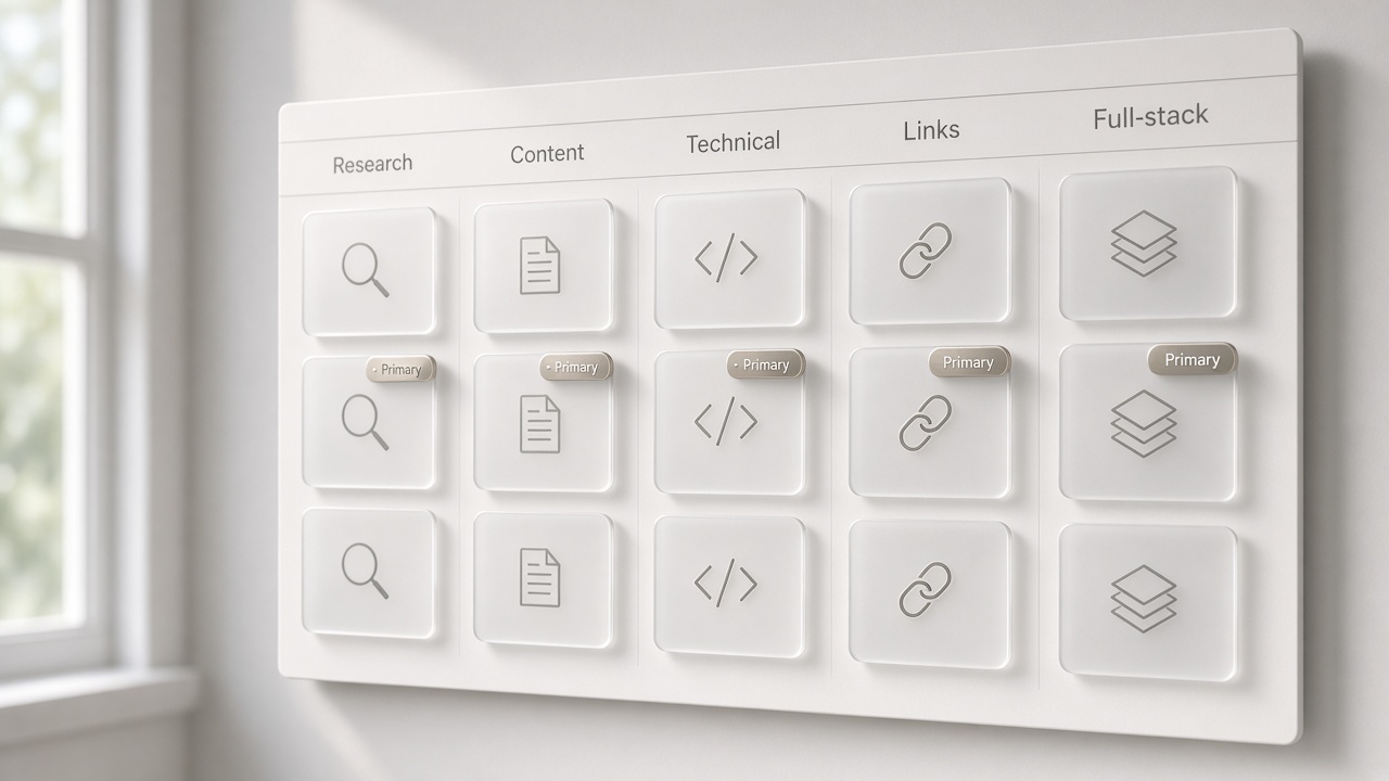 SEO automation tools comparison board organized by research content technical links and full-stack jobs