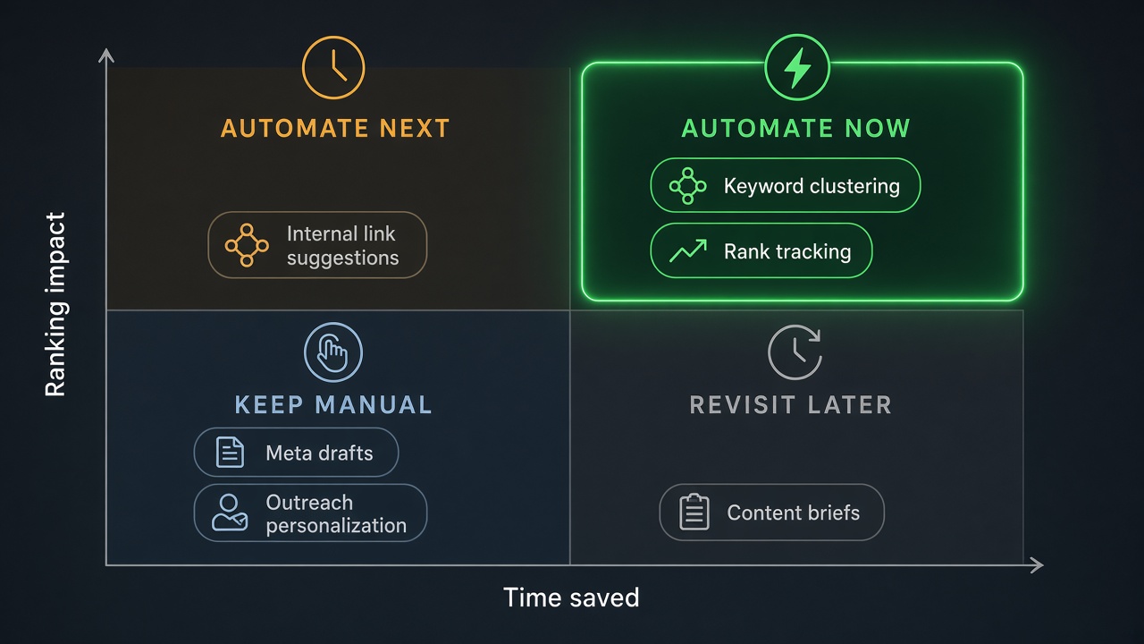 SEO automation prioritization matrix plotting tasks by time saved and ranking impact