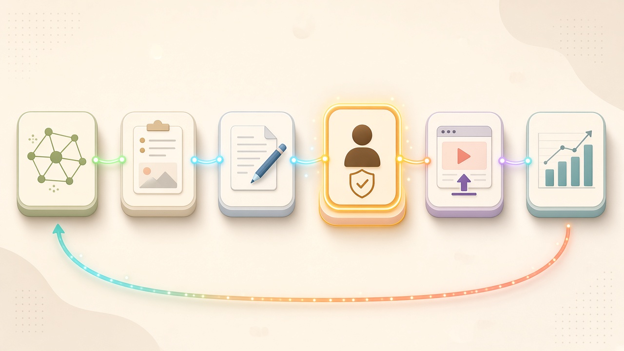 Research-to-publish SEO automation workflow from keyword cluster through QA publish and analytics feedback