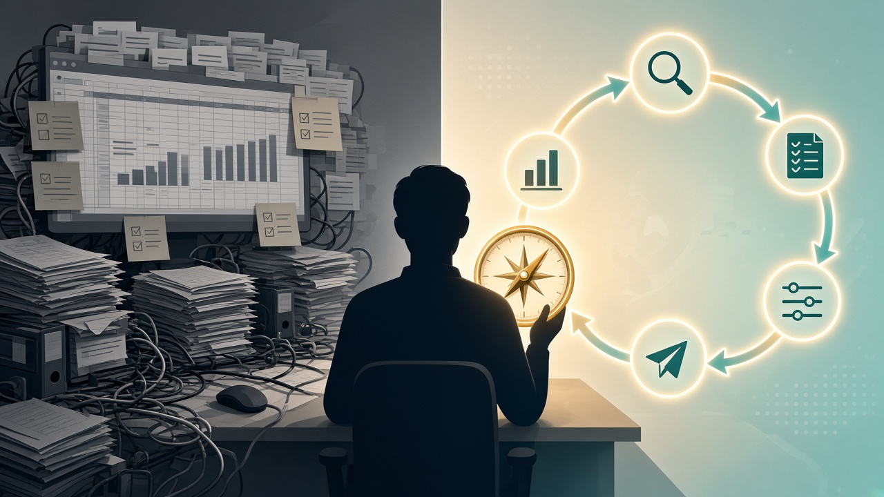 SEO automation diagram comparing manual grind tasks with an automated research-to-report loop