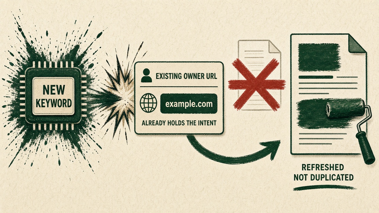 SEO content brief diagram stopping a duplicate URL and sending the keyword to refresh the page that already ranks