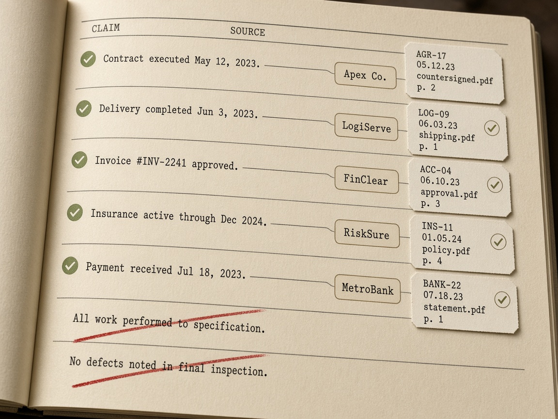 Claim ledger for an SEO content brief with sourced assertions, named entities, and red fail marks on unsourced sentences
