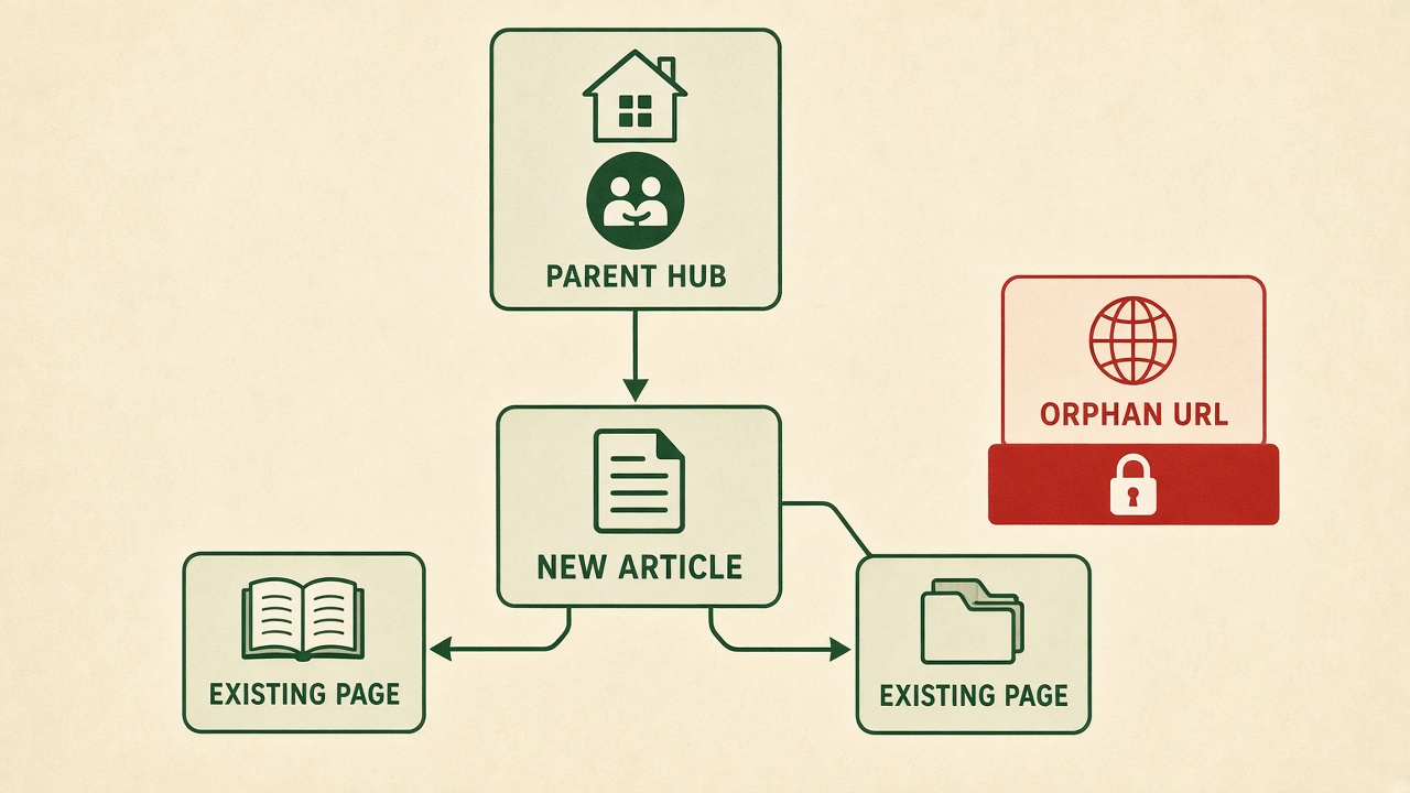Internal link gate for an SEO content brief: hub links into a new article, the article links to two pages, orphan URL blocked
