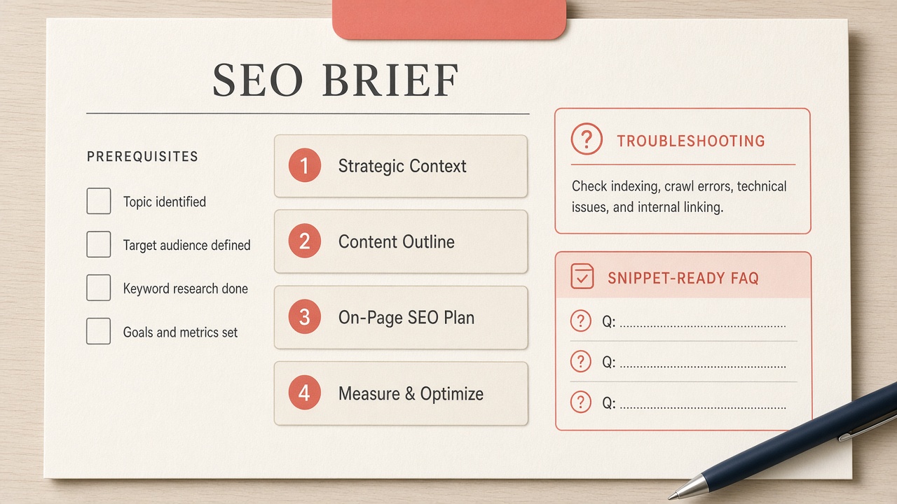 How-to page SEO content brief example with numbered steps, prerequisites, and FAQ