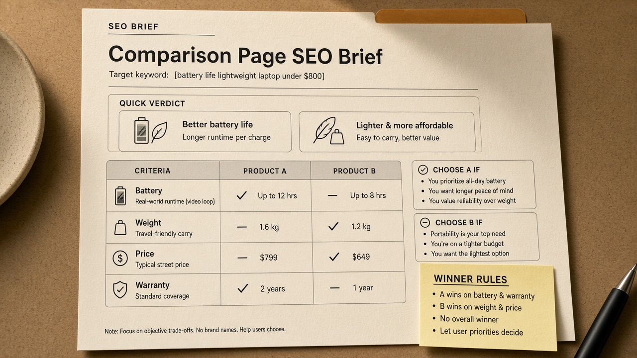 Comparison page SEO content brief example with criteria table and choose-if callouts