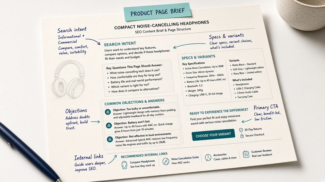 Annotated product page SEO content brief example with specs, objections, and CTA callouts