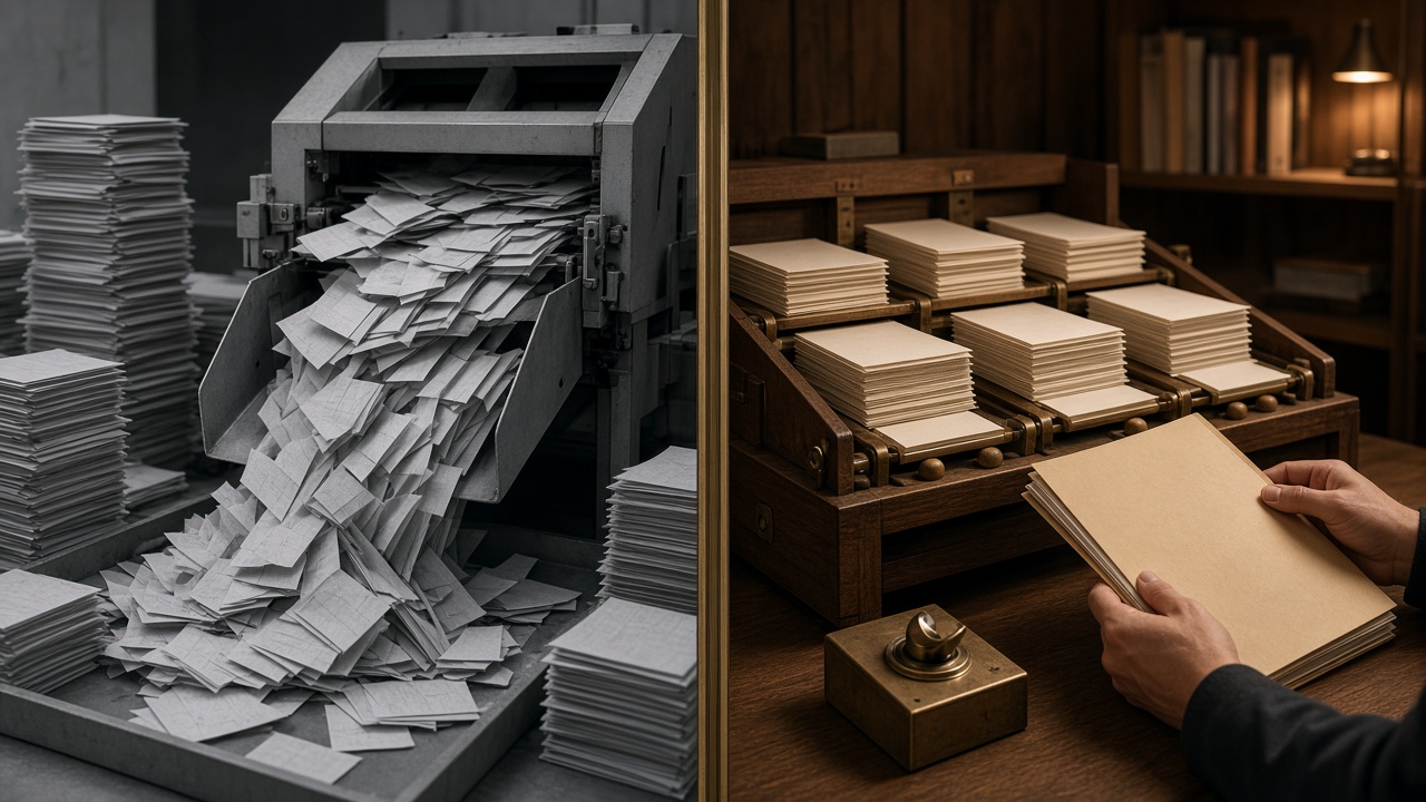 SEO content brief workflow contrasting an open mill with a human-held publish switch