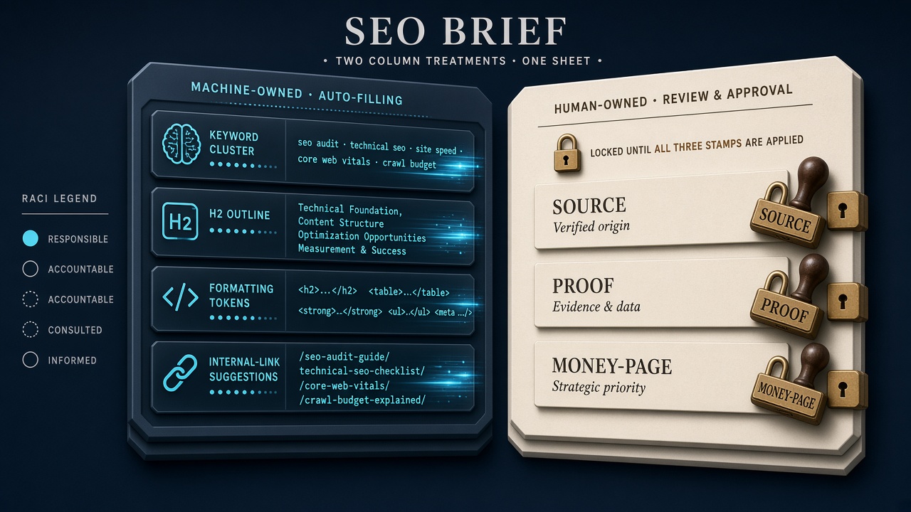 Brief grid with machine-owned auto-fill cells versus locked human-owned source and proof fields