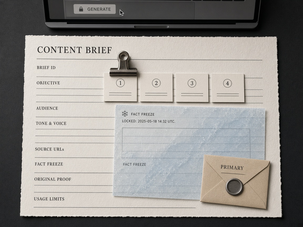 Content brief with locked source URLs, fact freeze, and original proof before generate