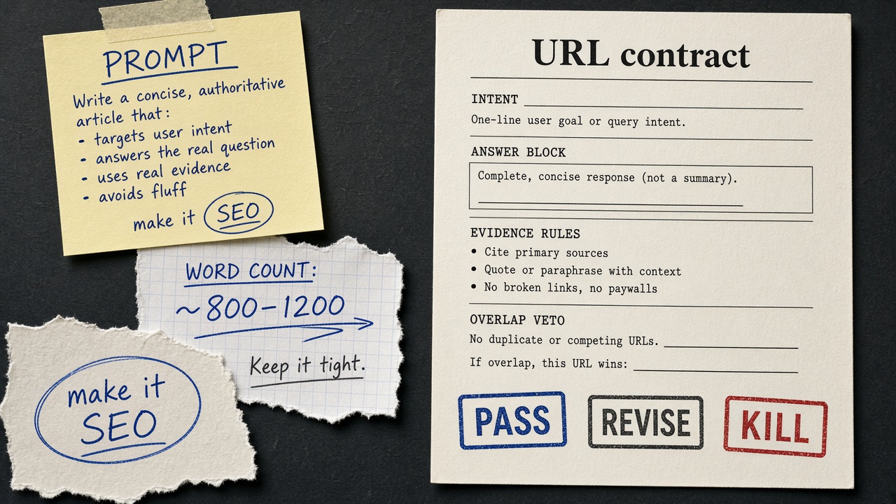SEO content brief compared as a vague writer prompt beside a one-page URL contract