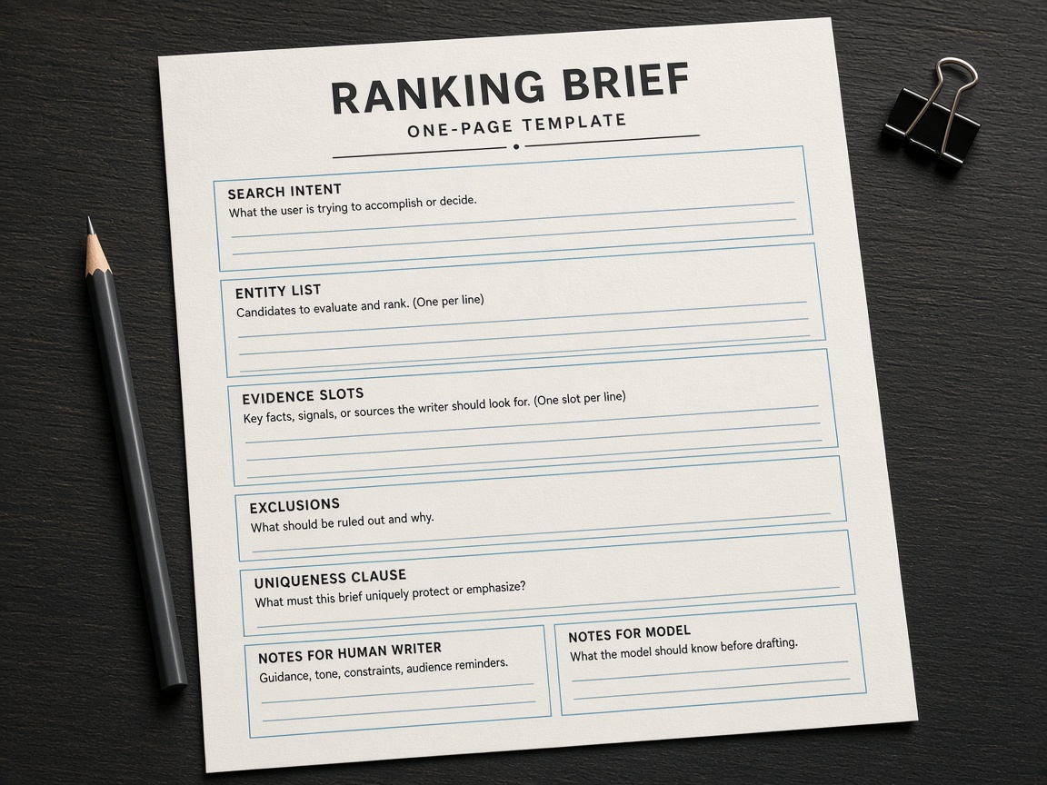 Reusable SEO content brief template with intent, entities, evidence, and uniqueness fields