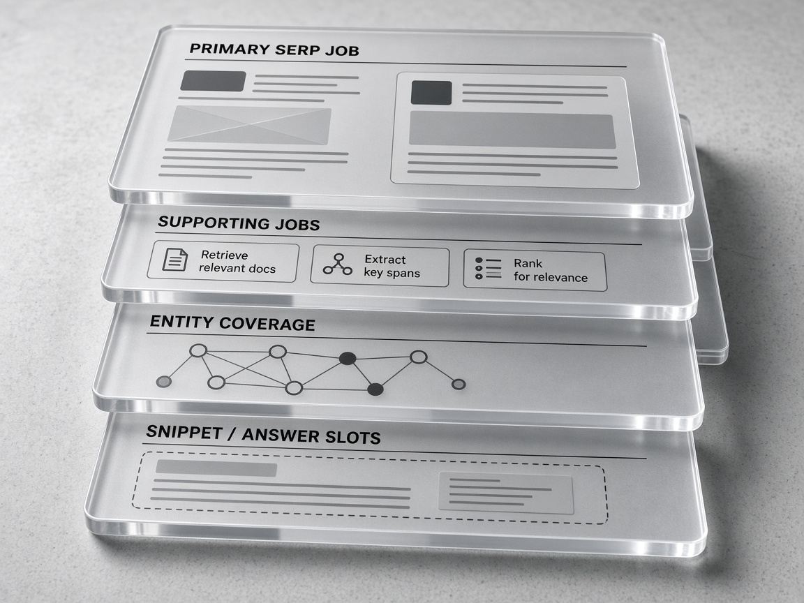 SEO ranking-job stack diagram showing primary SERP job, entities, and snippet slots