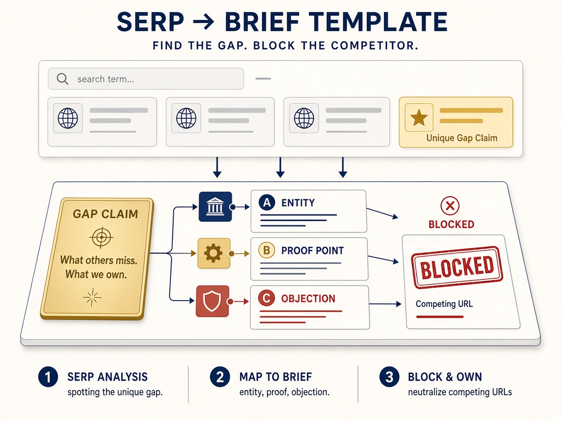 SERP-to-brief diagram mapping a gap claim, entities, and blocked URLs into an SEO outline
