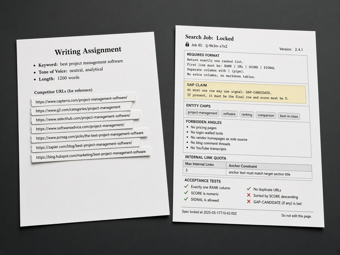 Vague SEO writing assignment contrasted with a tight ranking specification brief