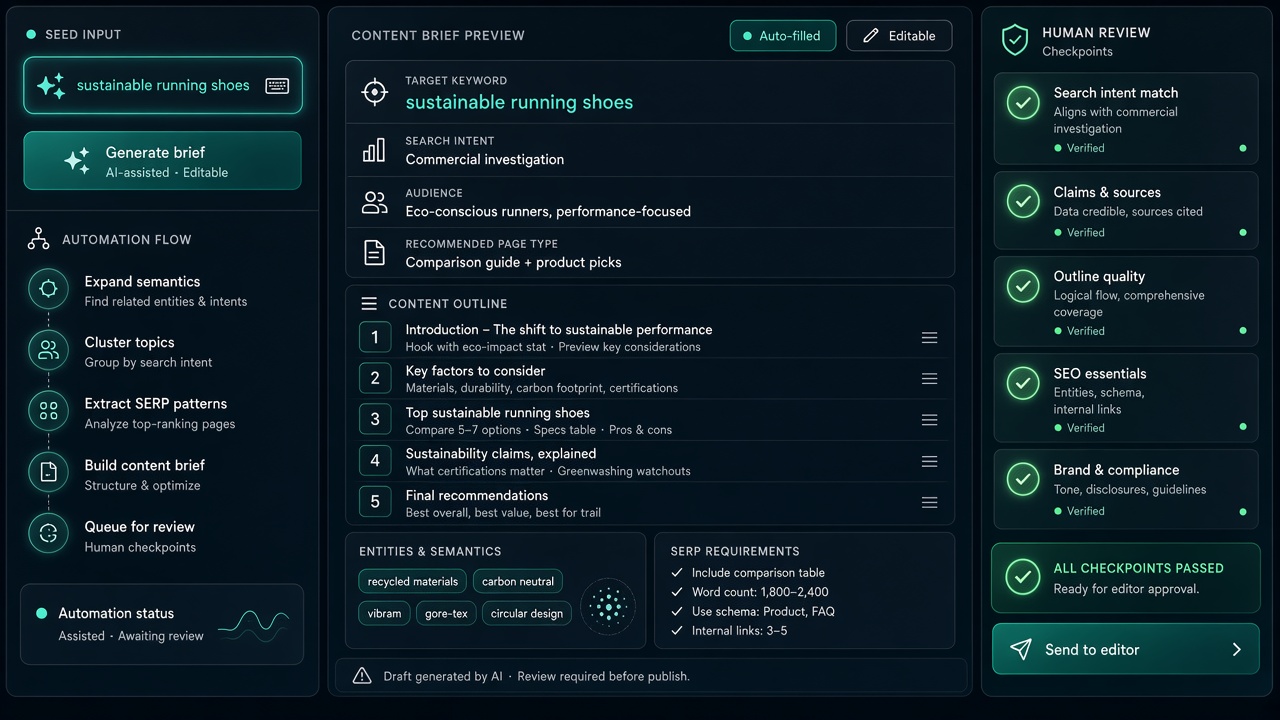 Automation dashboard generating an SEO content brief with human review checkpoints highlighted