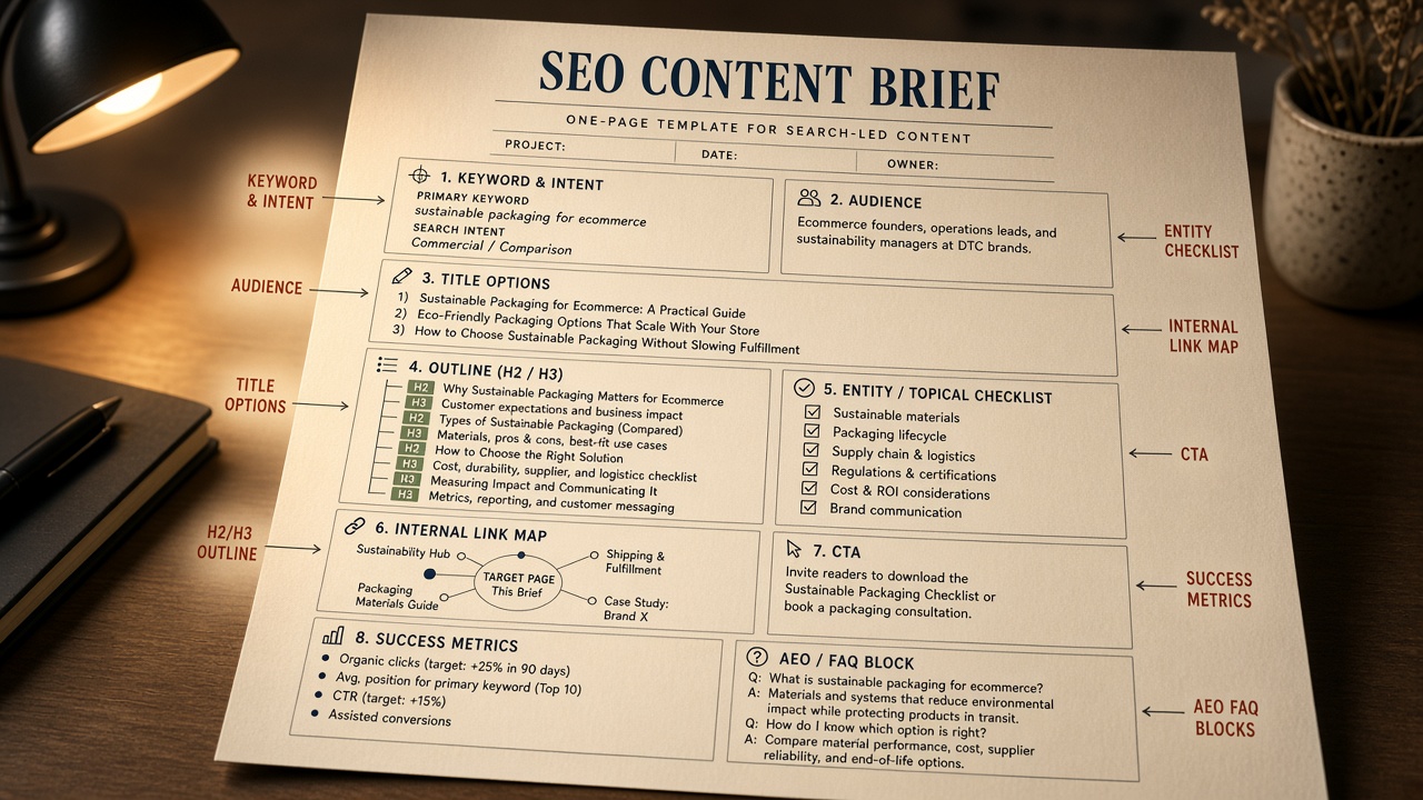 Annotated SEO content brief template showing every field from keyword intent to AEO FAQ blocks