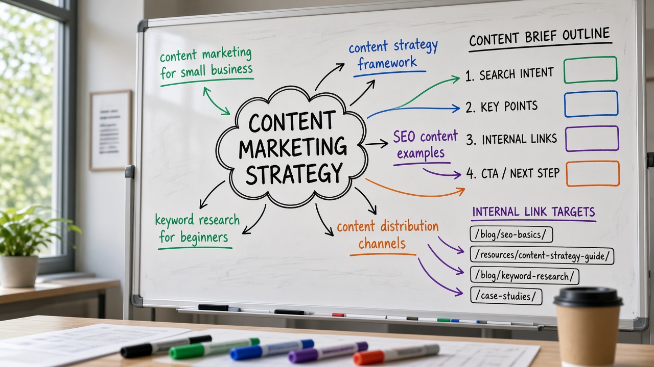 Keyword clustering map feeding an SEO content brief outline and internal link targets