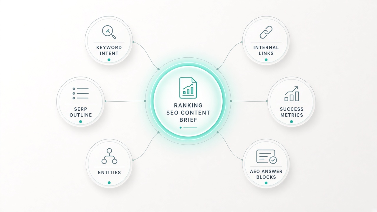 Diagram of a ranking SEO content brief connecting intent, outline, entities, links, and AEO fields