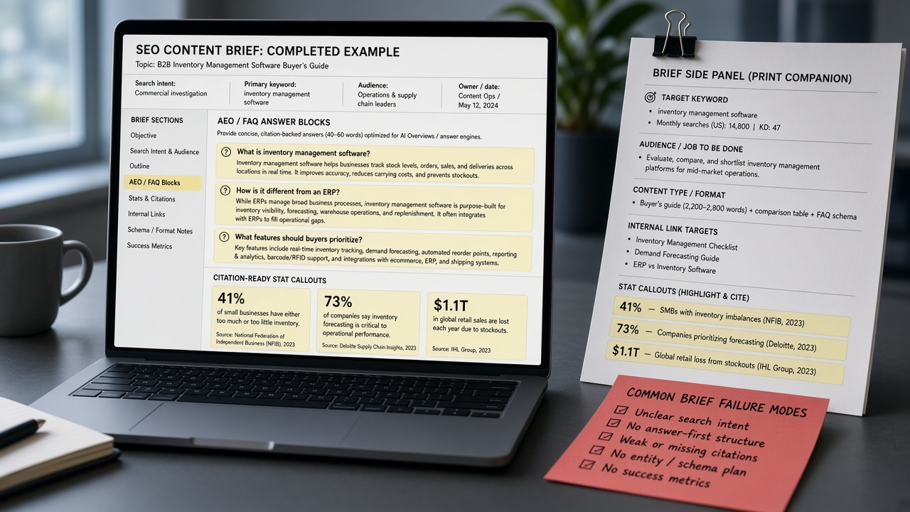 Filled SEO content brief example with AEO FAQ answer blocks and common brief mistake checklist