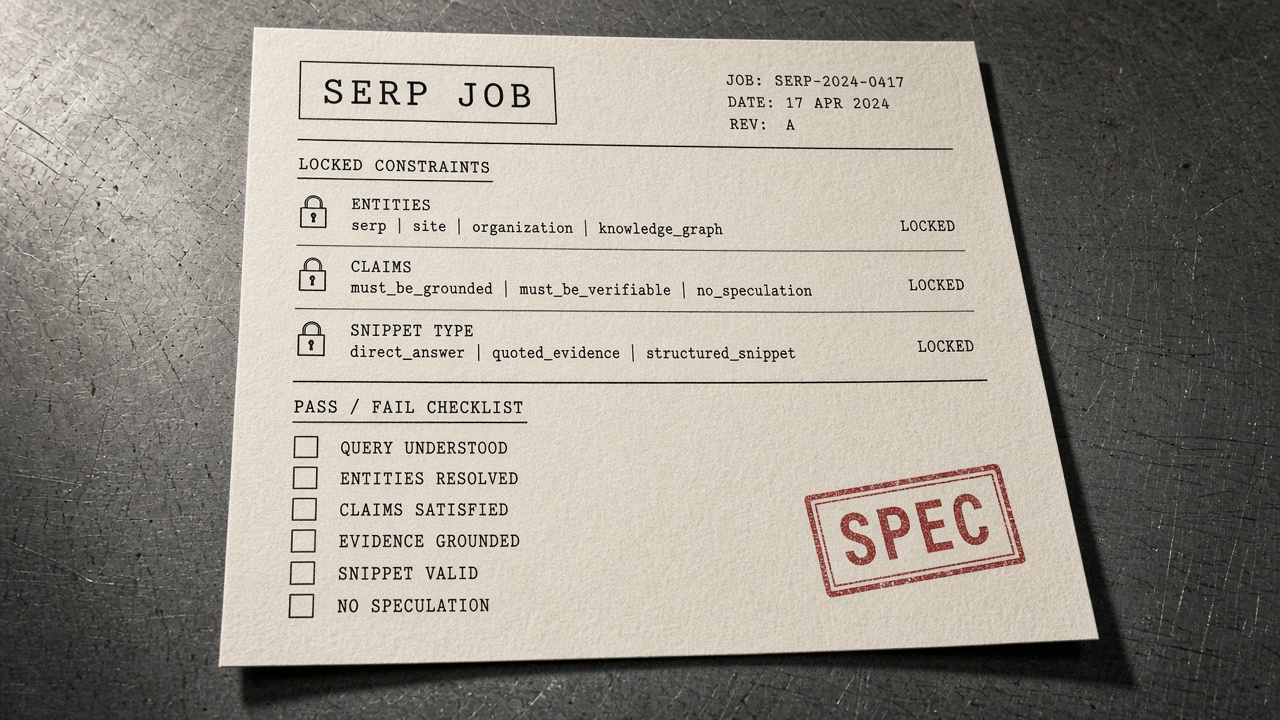 SEO content brief as a rank spec with SERP job and pass/fail checklist