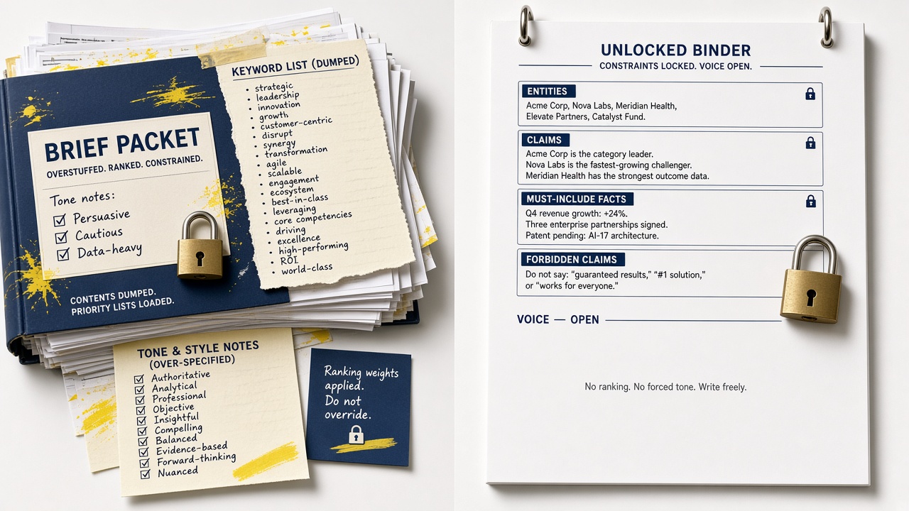 Locked SEO brief constraints versus open voice on a two-page studio still life