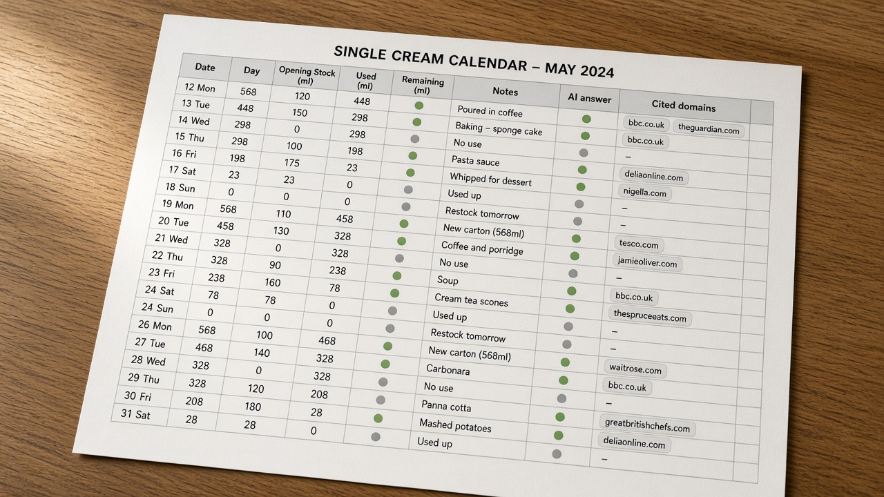 SEO content calendar template with AI Overview columns for answer presence and cited domains on the same sheet