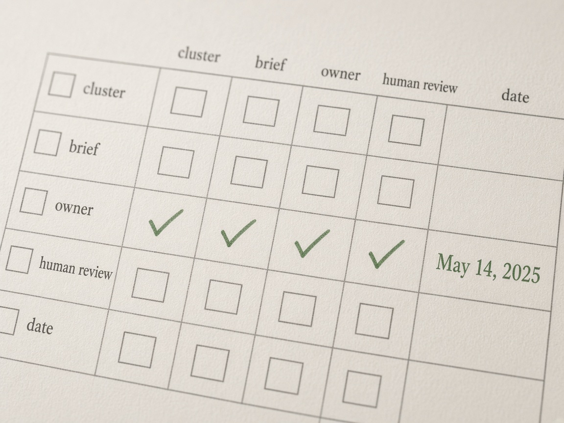 SEO content calendar template row locking a publish date only after cluster, brief, owner, and human review