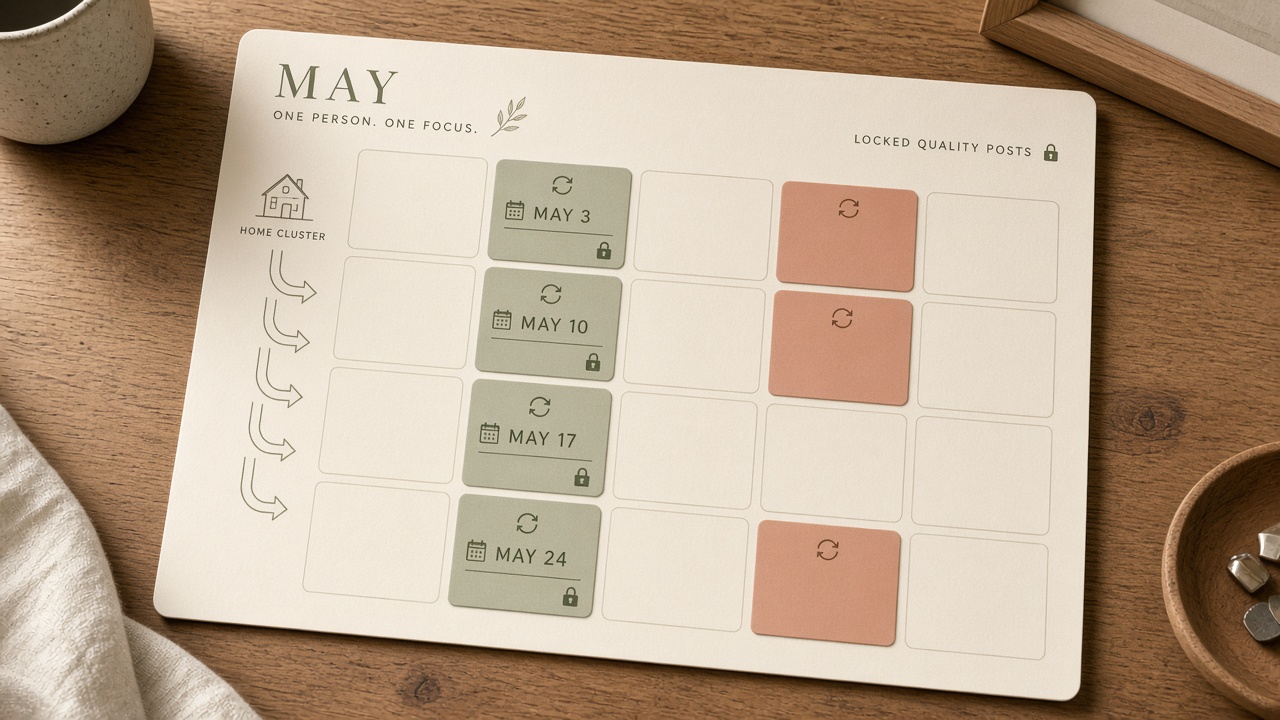 Filled one-person SEO content calendar month with one locked post a week, refresh holds, and open slots