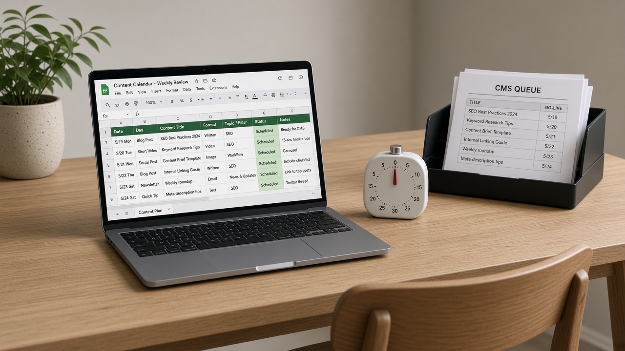 Solo publisher using a Google Sheet SEO content calendar, a weekly review timer, and a CMS queue for scheduled rows