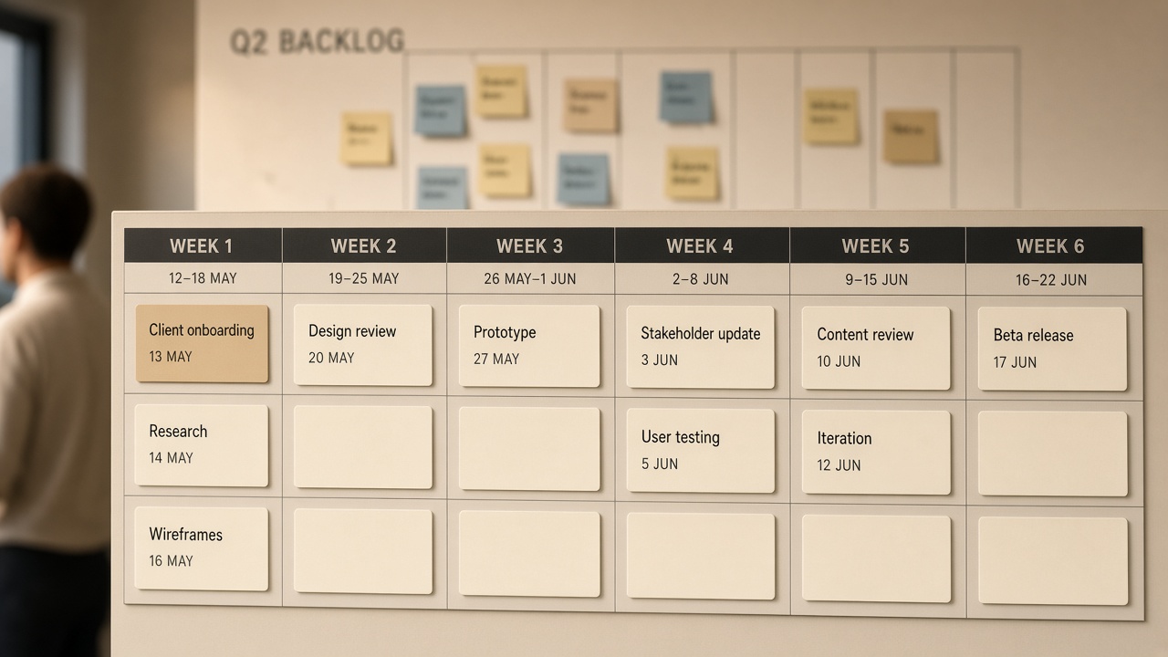 Solo SEO content calendar with a six-week commit window and empty capacity before a looser backlog