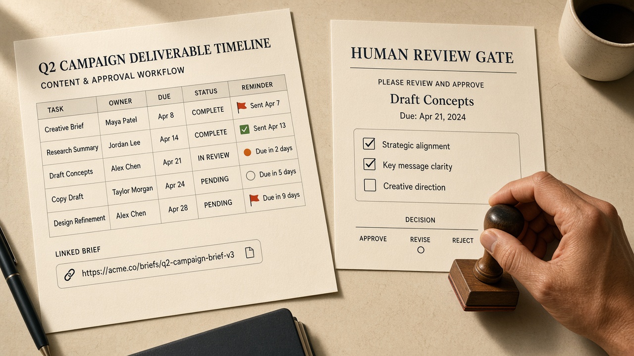 One-person publishing stack automating reminders on an SEO content calendar while a human gate stays manual