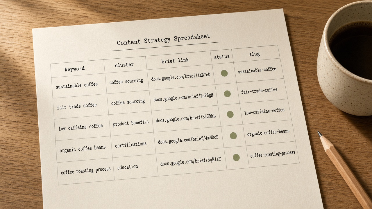 SEO content calendar template columns for keyword, cluster, brief link, status, and slug on one desk