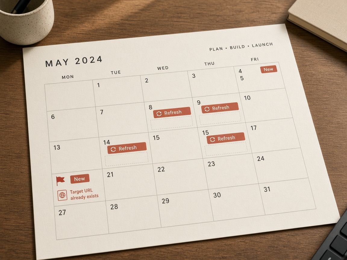 SEO content calendar month with new posts, refresh holds, and a duplicate URL flag