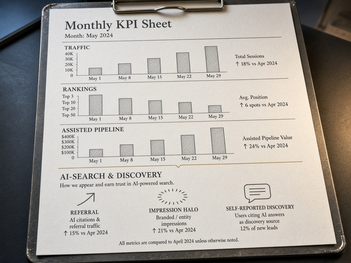 Monthly automated publishing SEO ROI KPI sheet with organic rows and a separate AI-search block