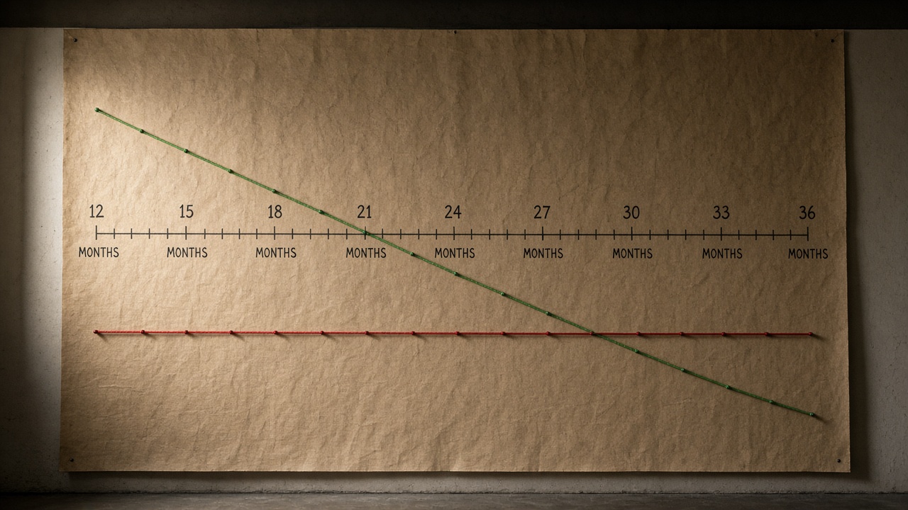 SEO ROI break-even chart with falling organic cost per lead and a flat paid line