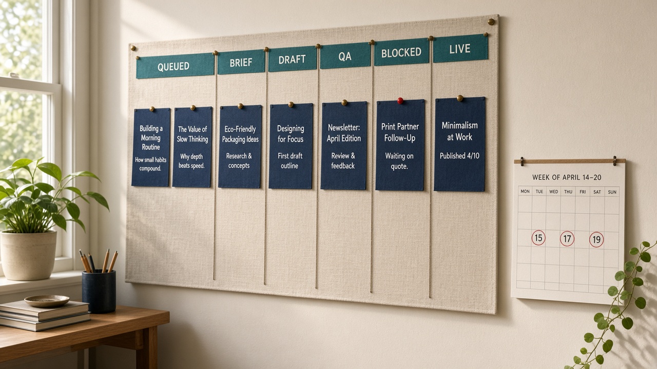 Lean-team SEO kanban with article statuses and weekly cadence calendar